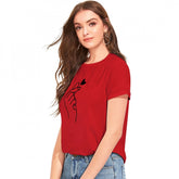 Red cotton western wear t-shirt, printed pattern for women's fashion, machine washable (S36, M38, L40, XL42)